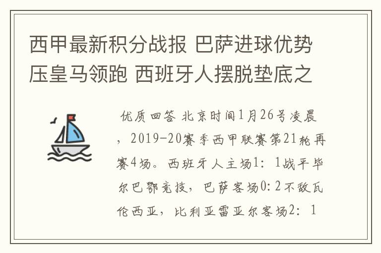 西甲最新积分战报 巴萨进球优势压皇马领跑 西班牙人摆脱垫底之位