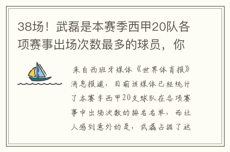 38场！武磊是本赛季西甲20队各项赛事出场次数最多的球员，你怎么看？