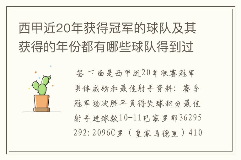 西甲近20年获得冠军的球队及其获得的年份都有哪些球队得到过意大利