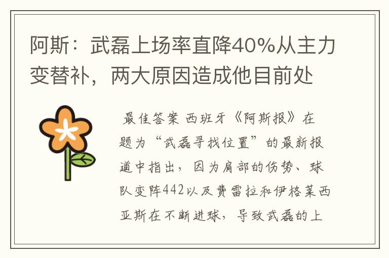 阿斯：武磊上场率直降40%从主力变替补，两大原因造成他目前处境