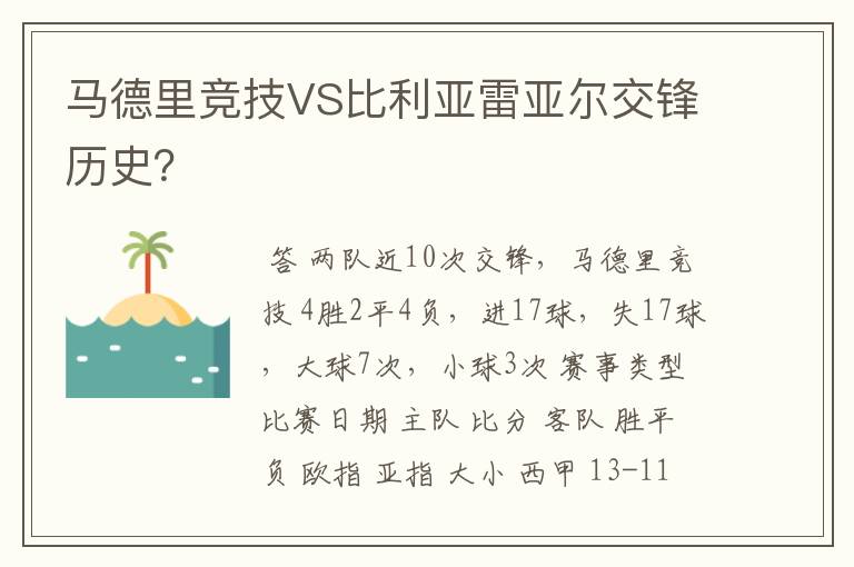 马德里竞技VS比利亚雷亚尔交锋历史？