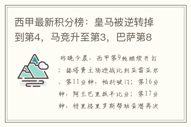 西甲最新积分榜：皇马被逆转掉到第4，马竞升至第3，巴萨第8