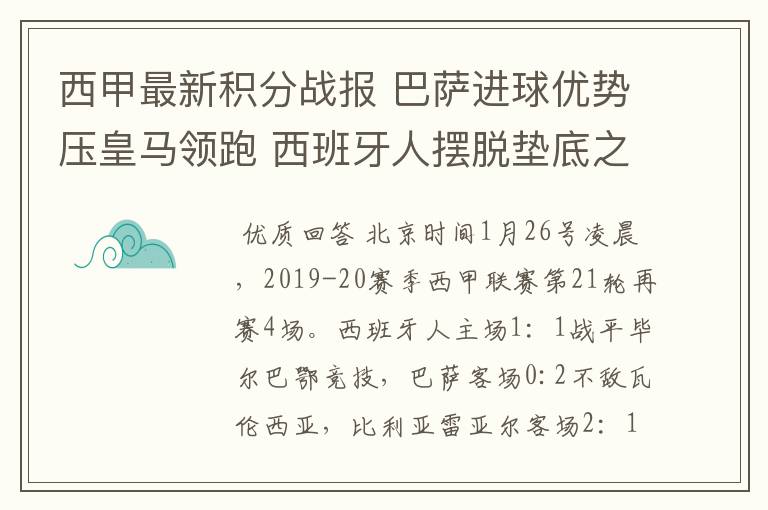 西甲最新积分战报 巴萨进球优势压皇马领跑 西班牙人摆脱垫底之位