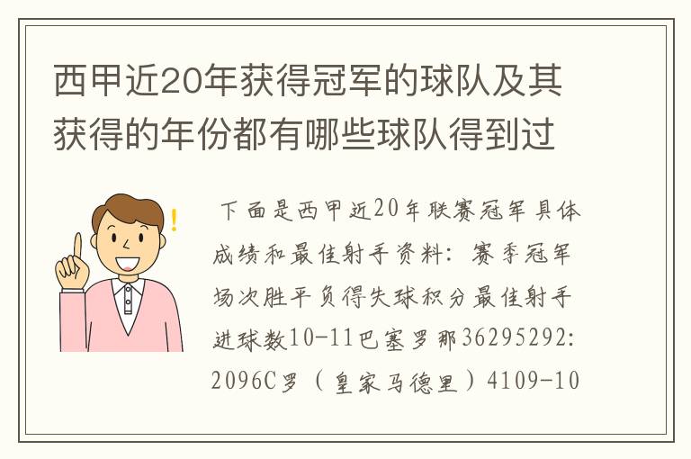 西甲近20年获得冠军的球队及其获得的年份都有哪些球队得到过意大利