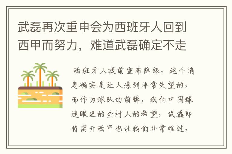 武磊再次重申会为西班牙人回到西甲而努力，难道武磊确定不走了？