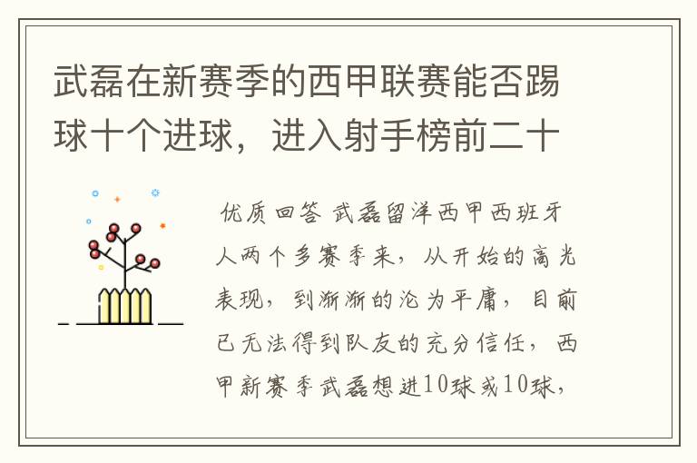 武磊在新赛季的西甲联赛能否踢球十个进球，进入射手榜前二十？