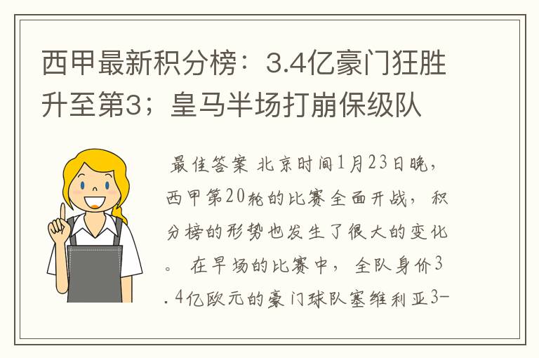 西甲最新积分榜：3.4亿豪门狂胜升至第3；皇马半场打崩保级队