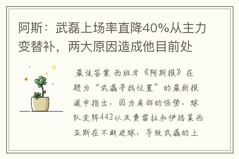 阿斯：武磊上场率直降40%从主力变替补，两大原因造成他目前处境