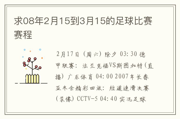 求08年2月15到3月15的足球比赛赛程