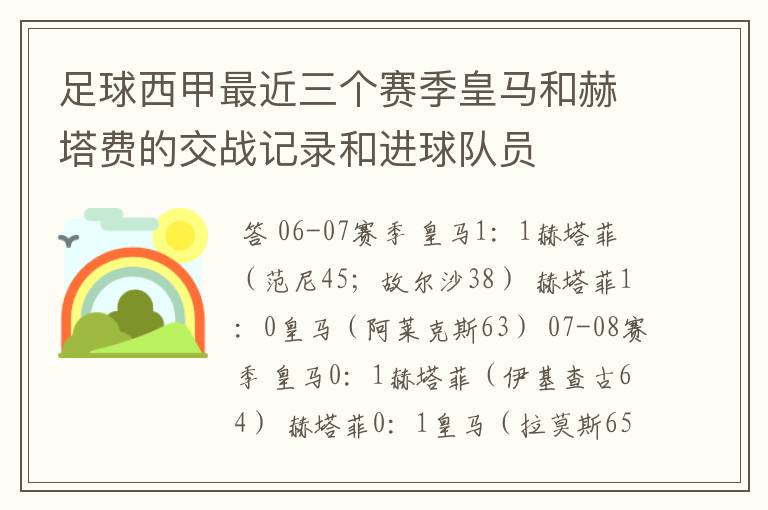 足球西甲最近三个赛季皇马和赫塔费的交战记录和进球队员