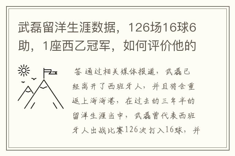 武磊留洋生涯数据，126场16球6助，1座西乙冠军，如何评价他的表现？