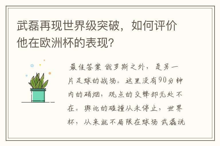 武磊再现世界级突破，如何评价他在欧洲杯的表现？