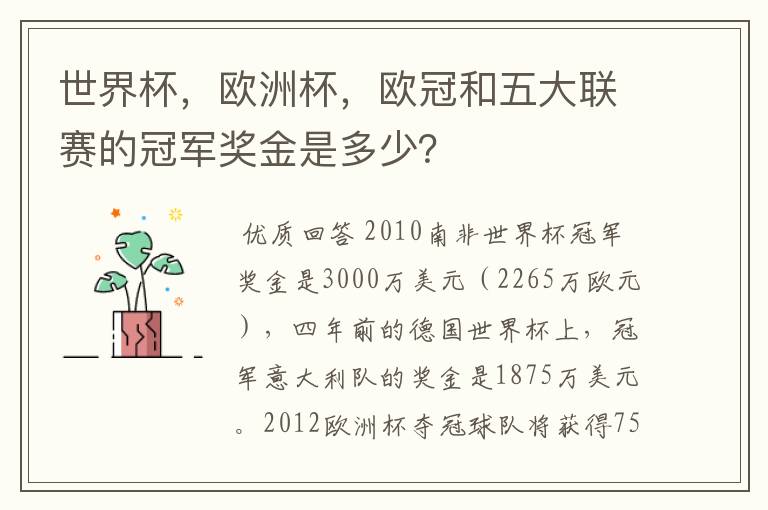 世界杯，欧洲杯，欧冠和五大联赛的冠军奖金是多少？