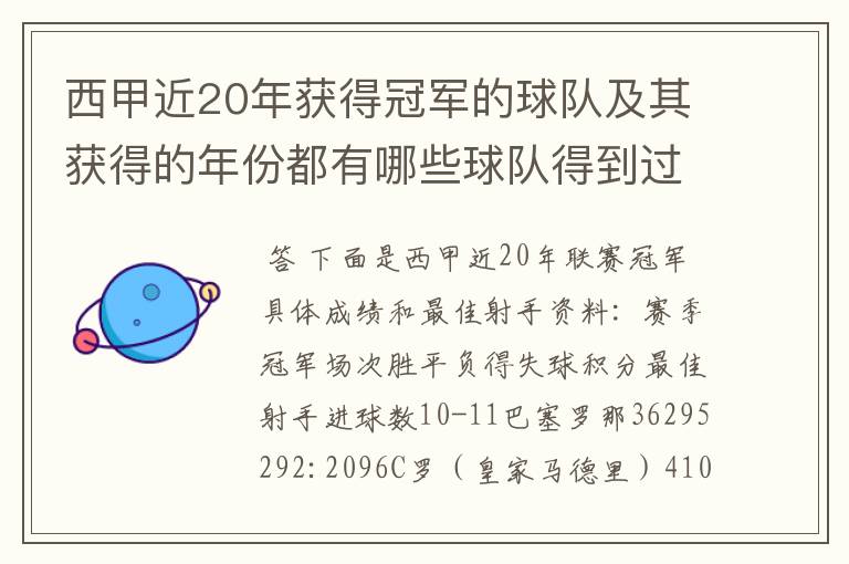 西甲近20年获得冠军的球队及其获得的年份都有哪些球队得到过意大利