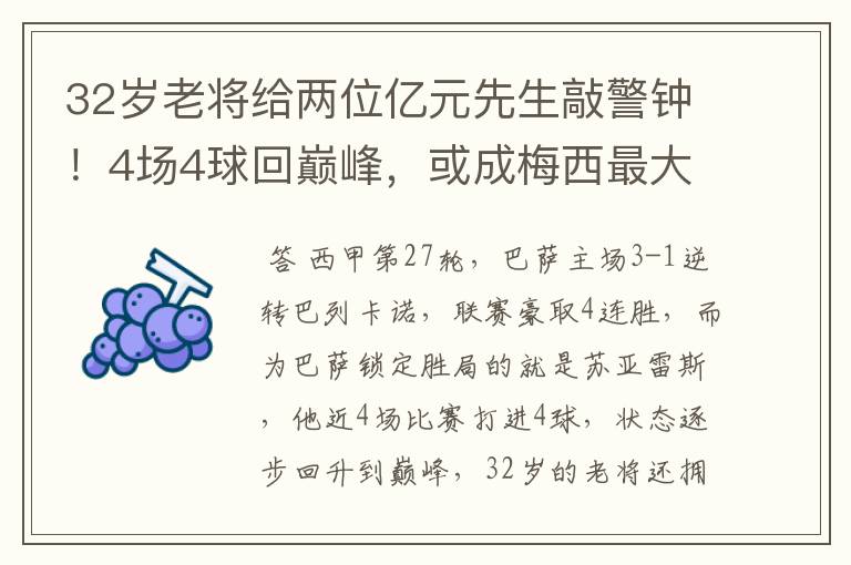 32岁老将给两位亿元先生敲警钟！4场4球回巅峰，或成梅西最大帮手