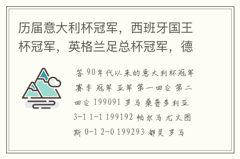 历届意大利杯冠军，西班牙国王杯冠军，英格兰足总杯冠军，德国杯冠军