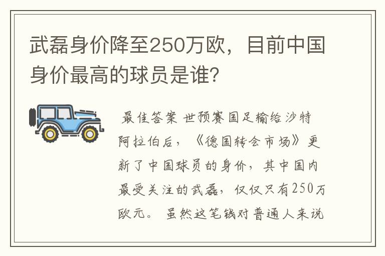 武磊身价降至250万欧，目前中国身价最高的球员是谁？