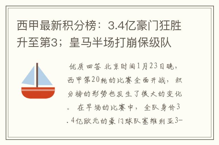 西甲最新积分榜：3.4亿豪门狂胜升至第3；皇马半场打崩保级队