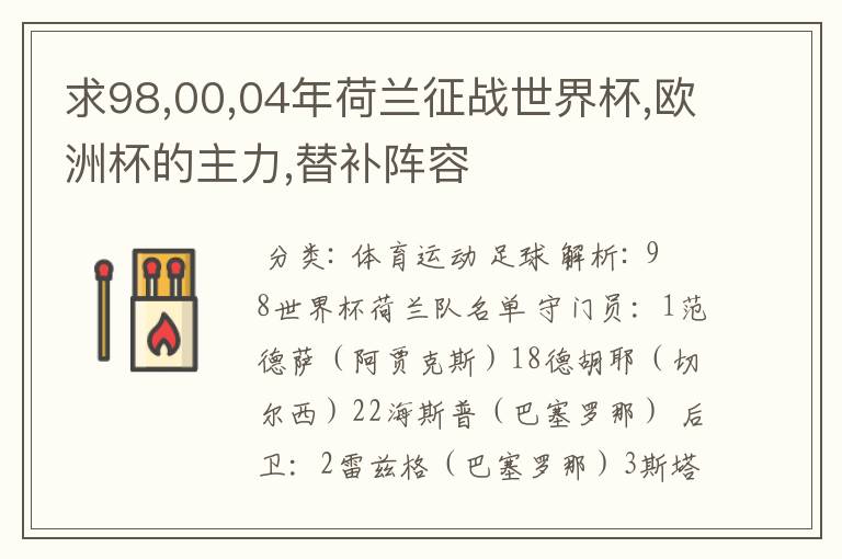 求98,00,04年荷兰征战世界杯,欧洲杯的主力,替补阵容