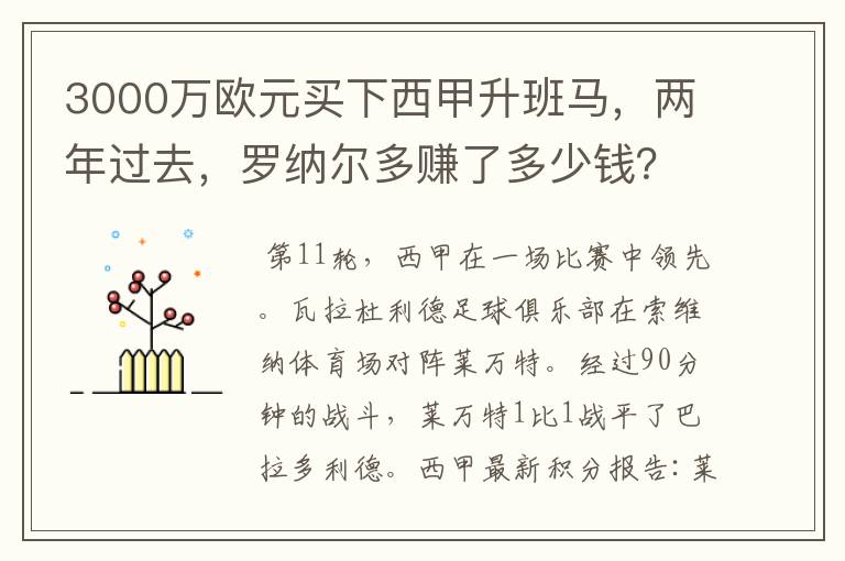 3000万欧元买下西甲升班马，两年过去，罗纳尔多赚了多少钱？