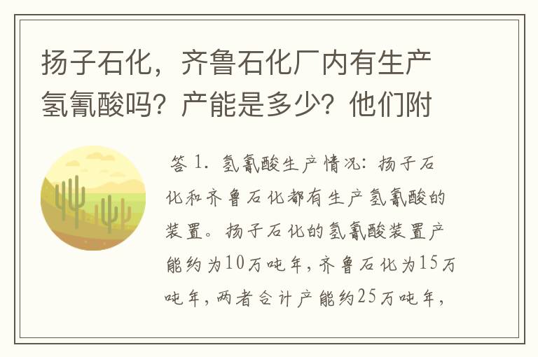 扬子石化，齐鲁石化厂内有生产氢氰酸吗？产能是多少？他们附近有己二腈的下游厂家吗