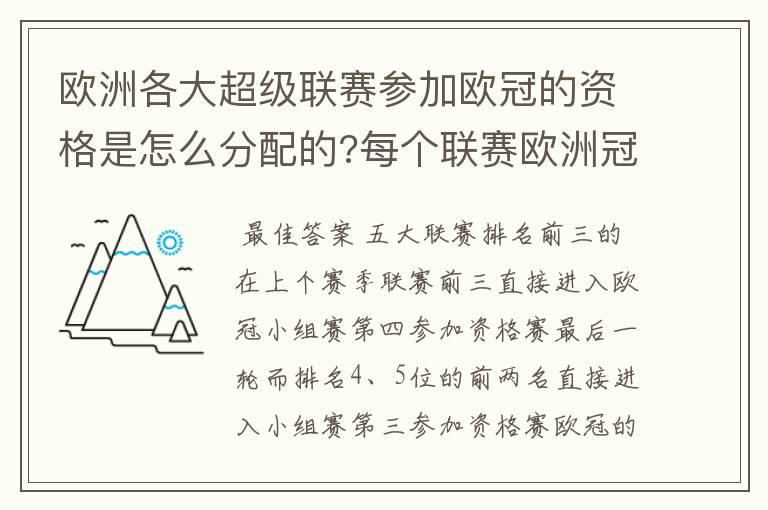 欧洲各大超级联赛参加欧冠的资格是怎么分配的?每个联赛欧洲冠军杯参赛队