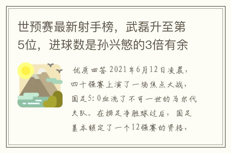 世预赛最新射手榜，武磊升至第5位，进球数是孙兴慜的3倍有余