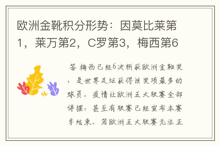 欧洲金靴积分形势：因莫比莱第1，莱万第2，C罗第3，梅西第6