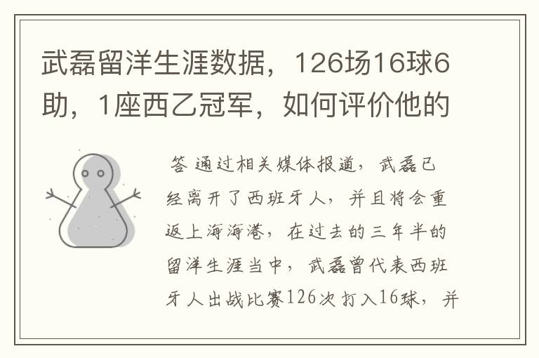 武磊留洋生涯数据，126场16球6助，1座西乙冠军，如何评价他的表现？