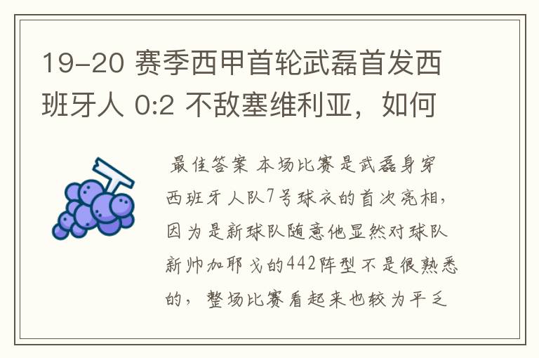 19-20 赛季西甲首轮武磊首发西班牙人 0:2 不敌塞维利亚，如何评价武磊本场的表现？