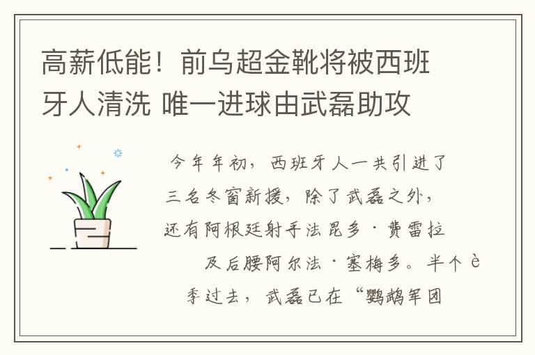 高薪低能！前乌超金靴将被西班牙人清洗 唯一进球由武磊助攻