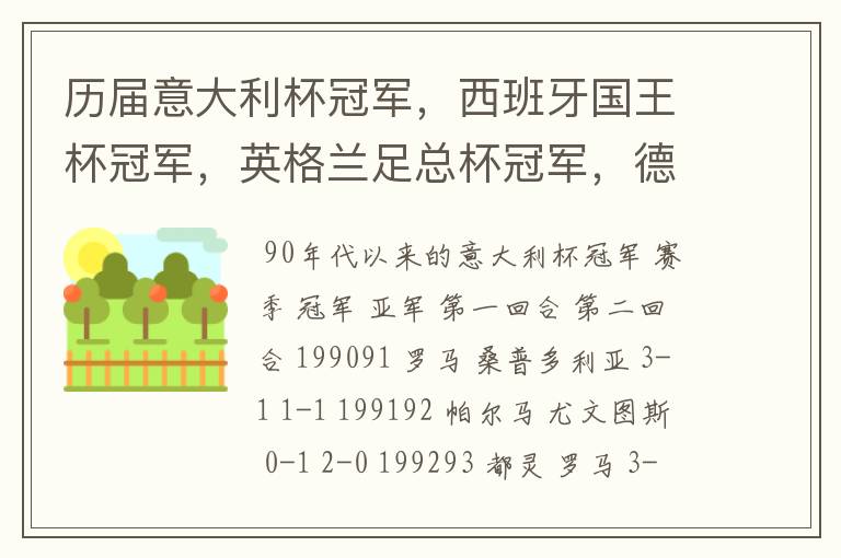 历届意大利杯冠军，西班牙国王杯冠军，英格兰足总杯冠军，德国杯冠军