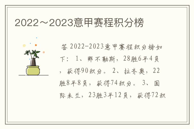 2022～2023意甲赛程积分榜