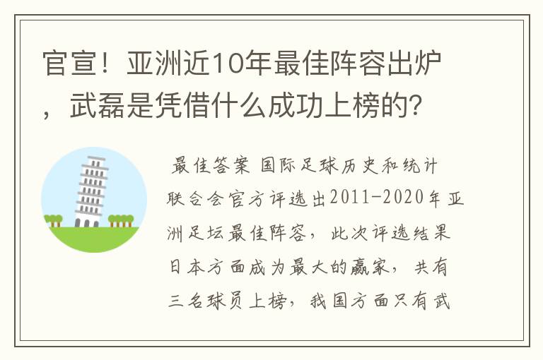 官宣！亚洲近10年最佳阵容出炉，武磊是凭借什么成功上榜的？