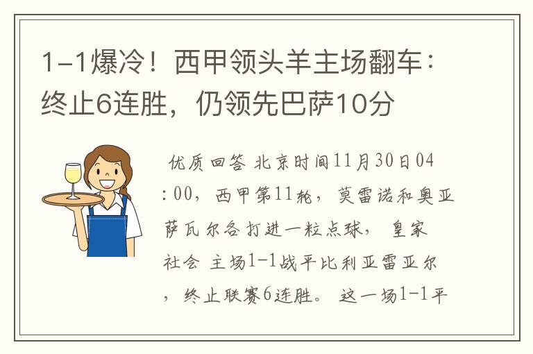 1-1爆冷！西甲领头羊主场翻车：终止6连胜，仍领先巴萨10分