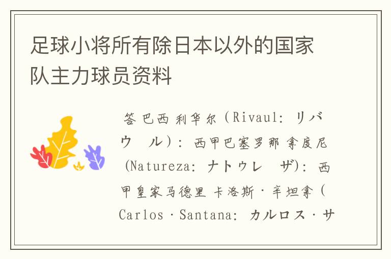 足球小将所有除日本以外的国家队主力球员资料