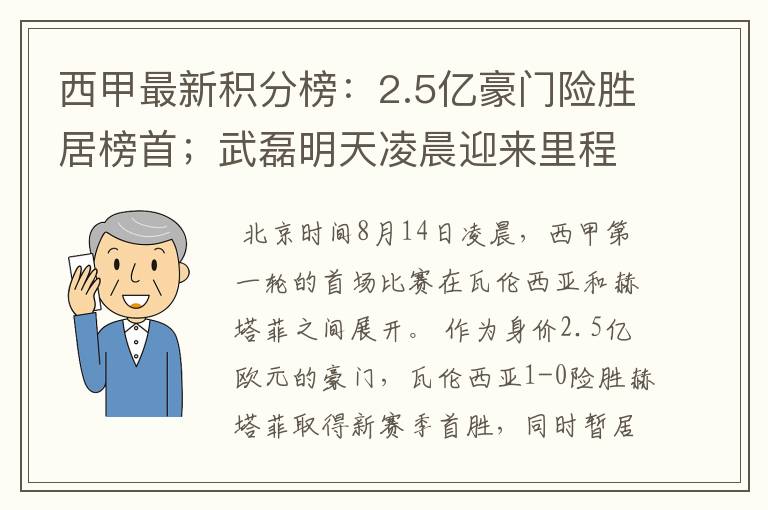 西甲最新积分榜：2.5亿豪门险胜居榜首；武磊明天凌晨迎来里程碑