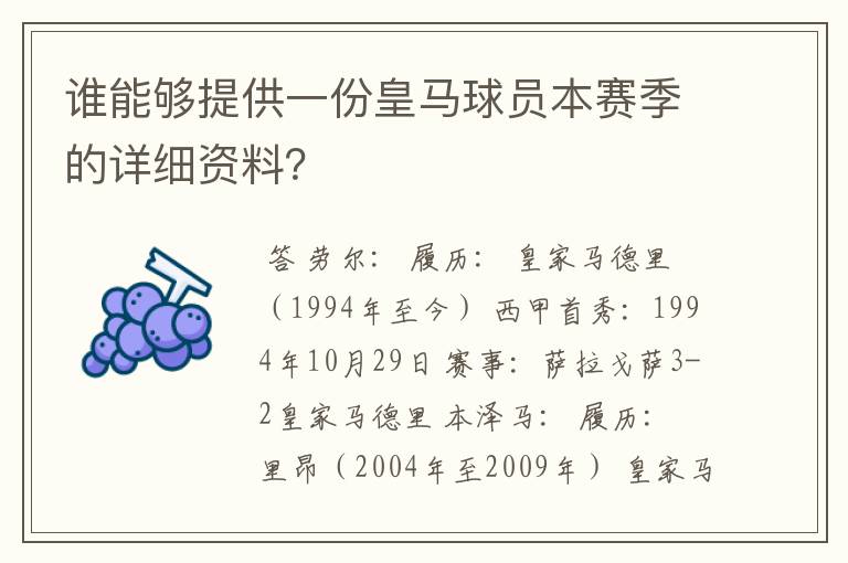 谁能够提供一份皇马球员本赛季的详细资料？