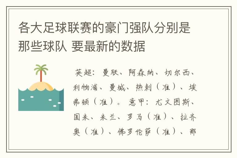 各大足球联赛的豪门强队分别是那些球队 要最新的数据