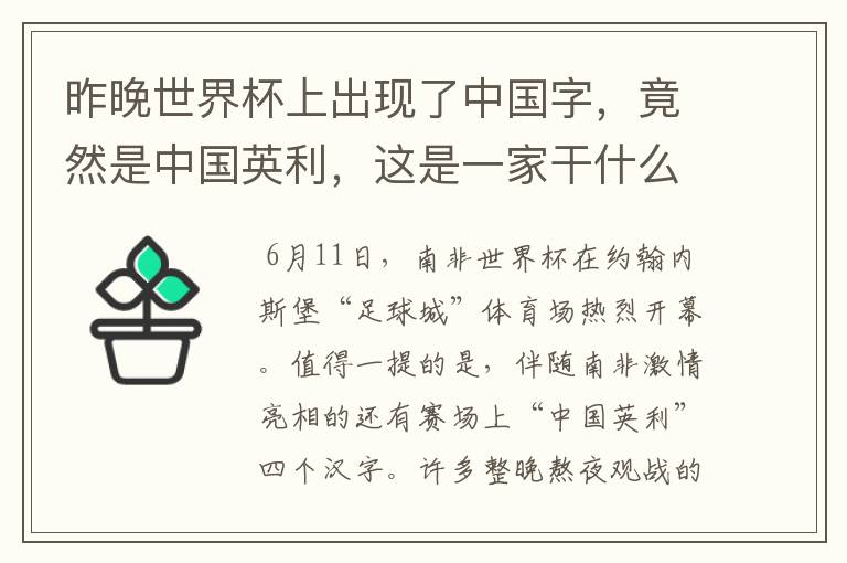 昨晚世界杯上出现了中国字，竟然是中国英利，这是一家干什么的公司啊？