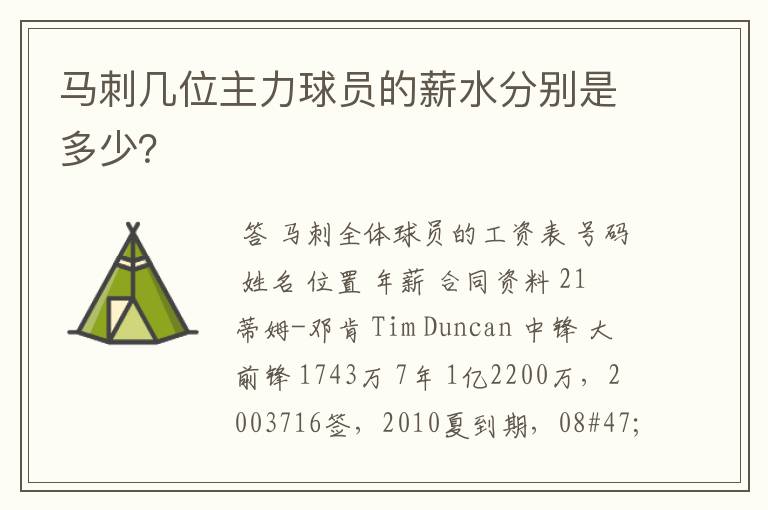 马刺几位主力球员的薪水分别是多少？