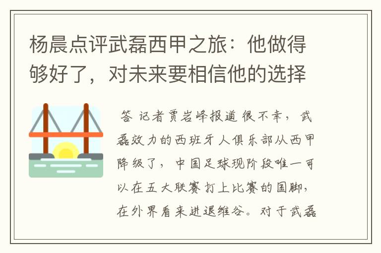 杨晨点评武磊西甲之旅：他做得够好了，对未来要相信他的选择