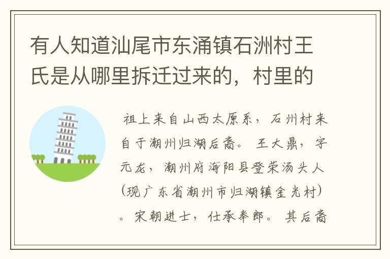 有人知道汕尾市东涌镇石洲村王氏是从哪里拆迁过来的，村里的祠堂有对联写着：两晋世家，三槐垂泽