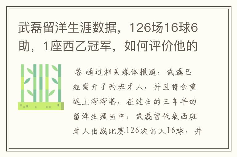 武磊留洋生涯数据，126场16球6助，1座西乙冠军，如何评价他的表现？