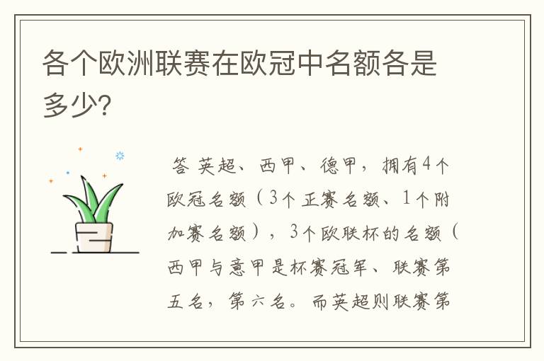 各个欧洲联赛在欧冠中名额各是多少？