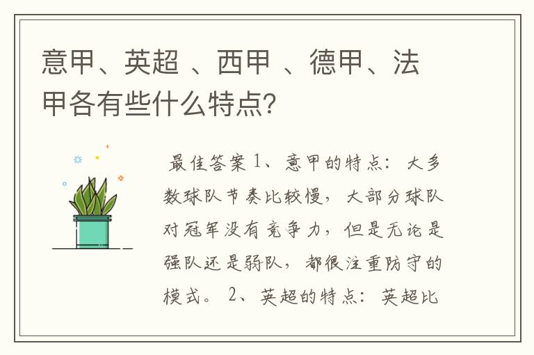 意甲、英超 、西甲 、德甲、法甲各有些什么特点？