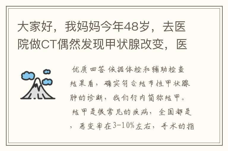 大家好，我妈妈今年48岁，去医院做CT偶然发现甲状腺改变，医生建议进一步检查，随后挂号内分泌科，医生要