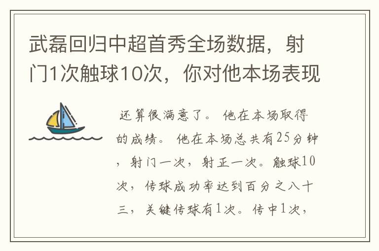 武磊回归中超首秀全场数据，射门1次触球10次，你对他本场表现是否满意？