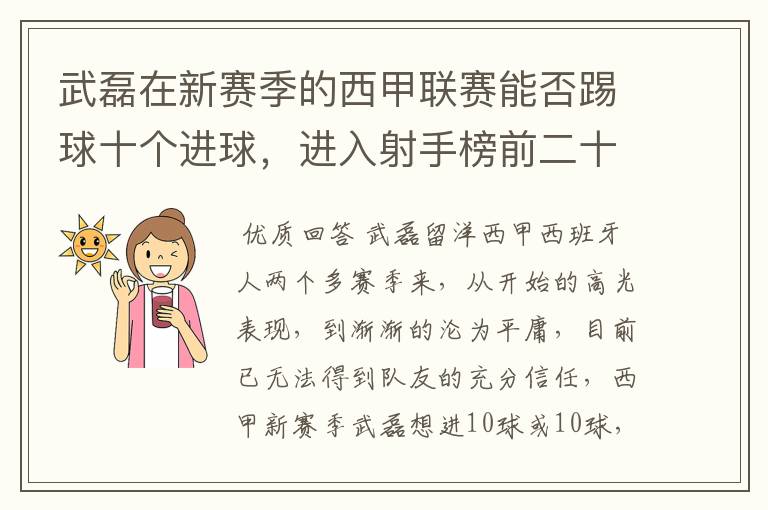 武磊在新赛季的西甲联赛能否踢球十个进球，进入射手榜前二十？