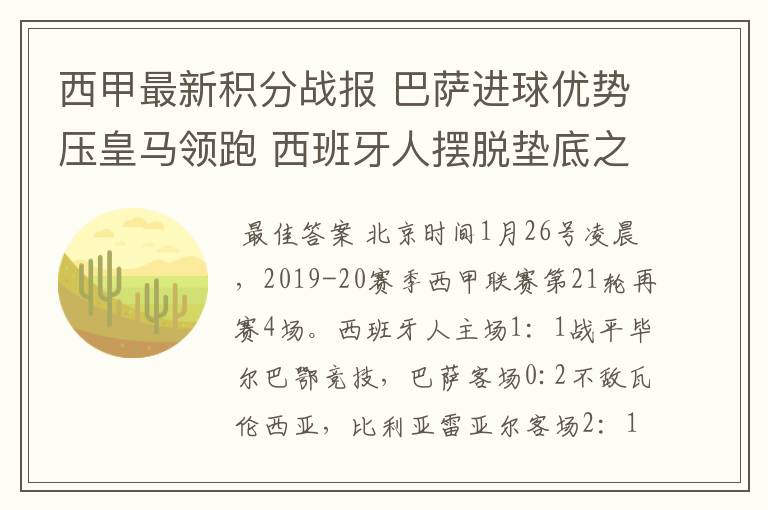 西甲最新积分战报 巴萨进球优势压皇马领跑 西班牙人摆脱垫底之位